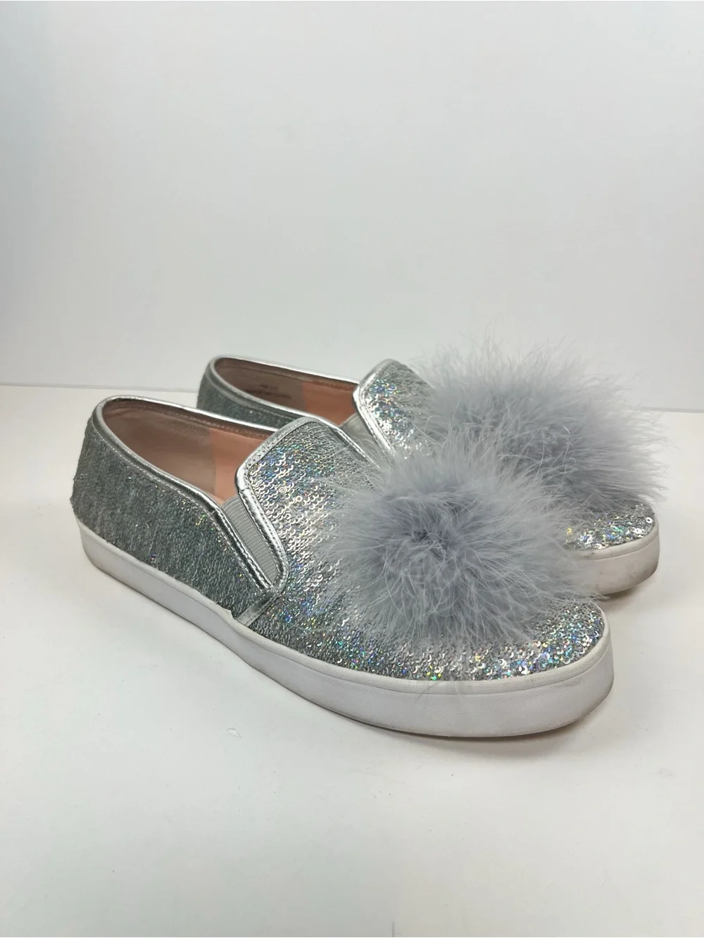 Kate Spade Latisa Silver Sequin Pom Pom Slip On Sneakers size 7.5 Small Flaw